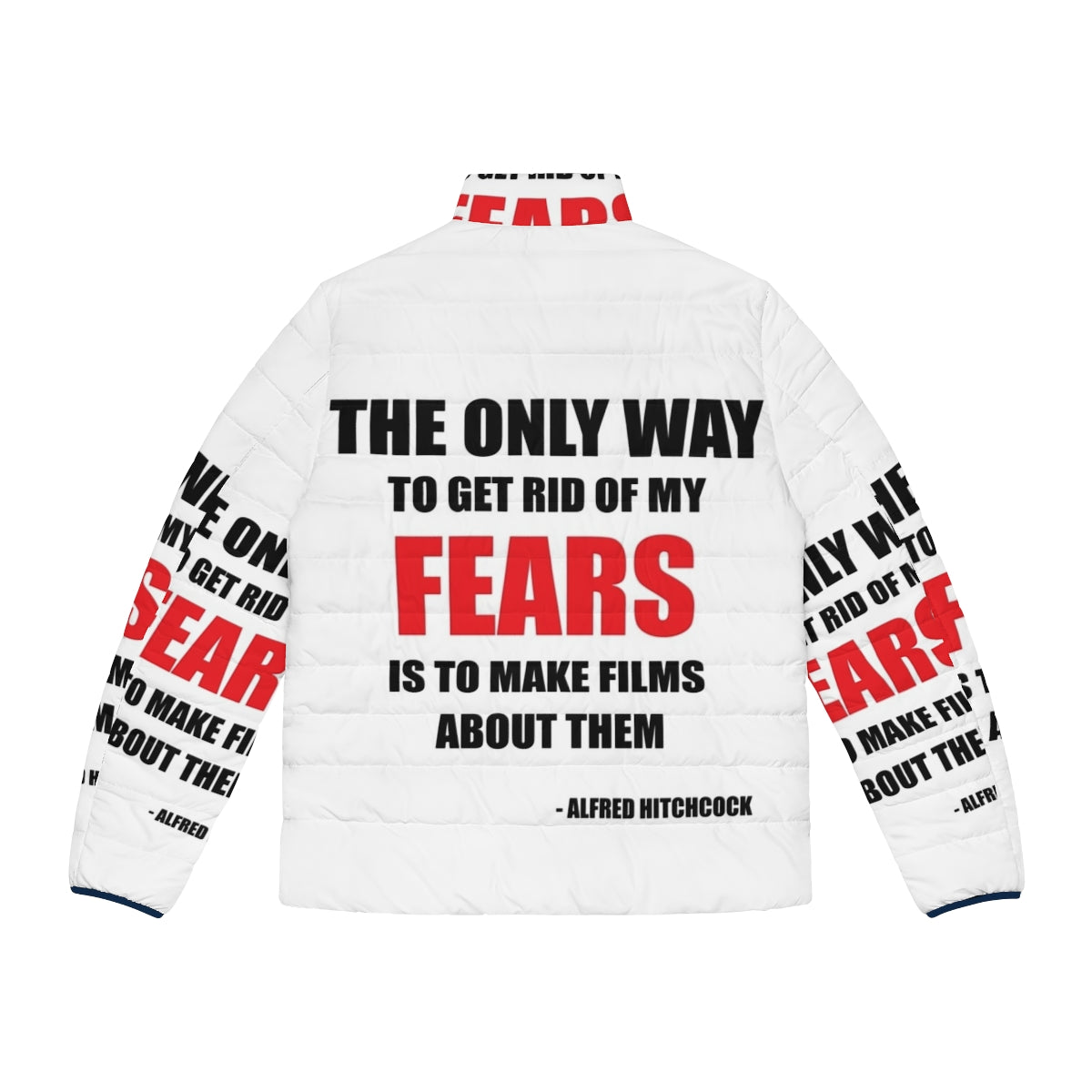 Alfred Hitchcock Quote Puffer Jacket featuring famous horror movie director's iconic quotes - Back