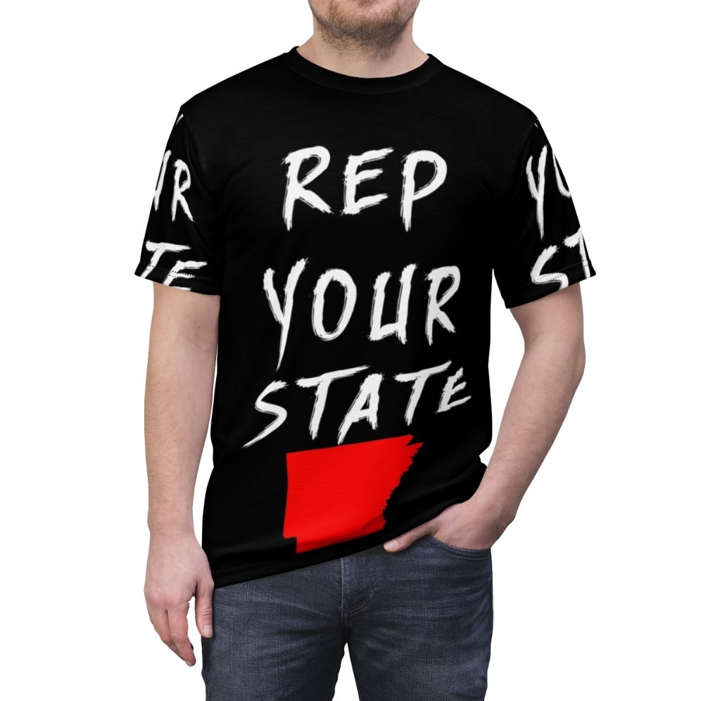 A high-quality t-shirt design featuring the Arkansas state flag - men front