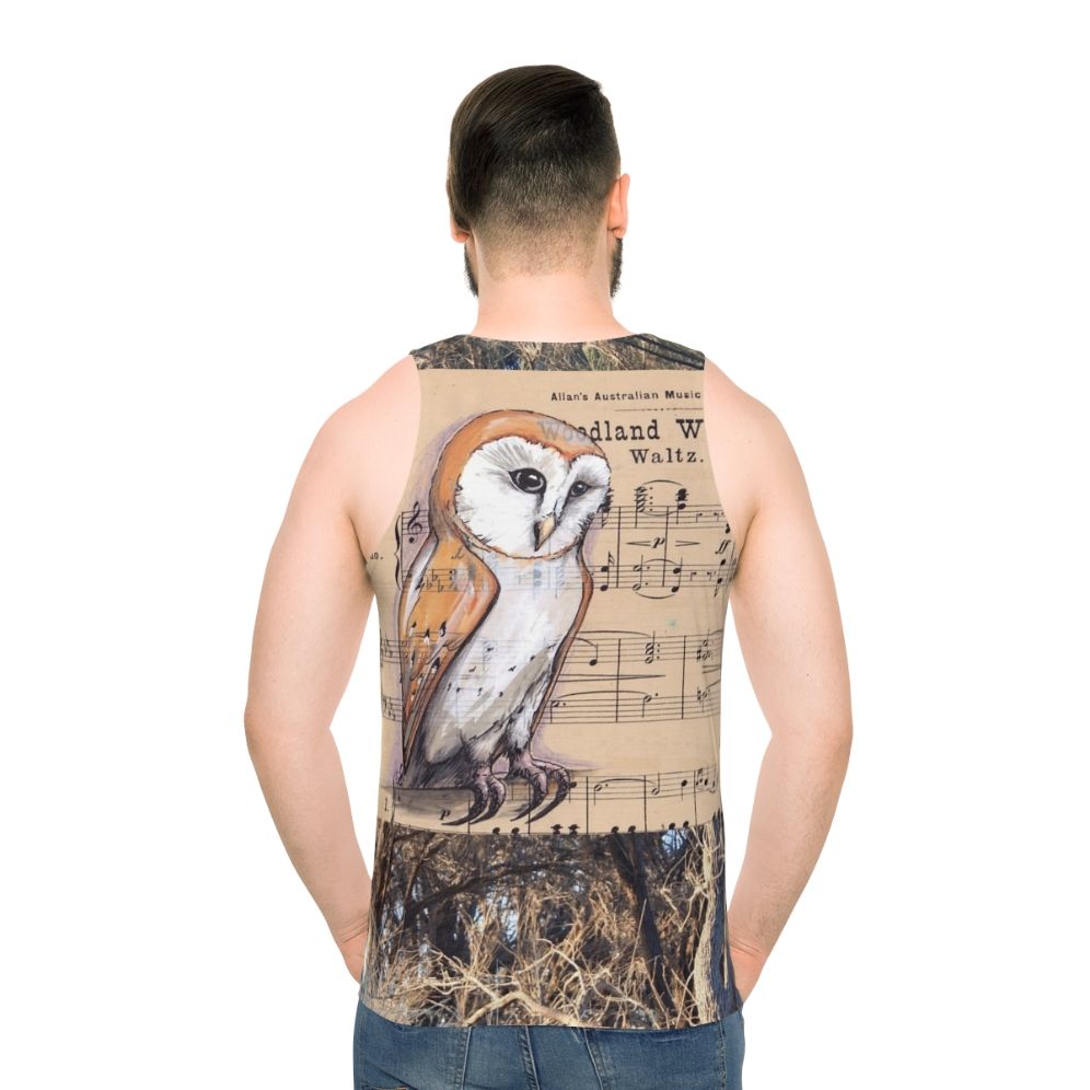 Barn owl perched on a tree branch with musical notes - men back