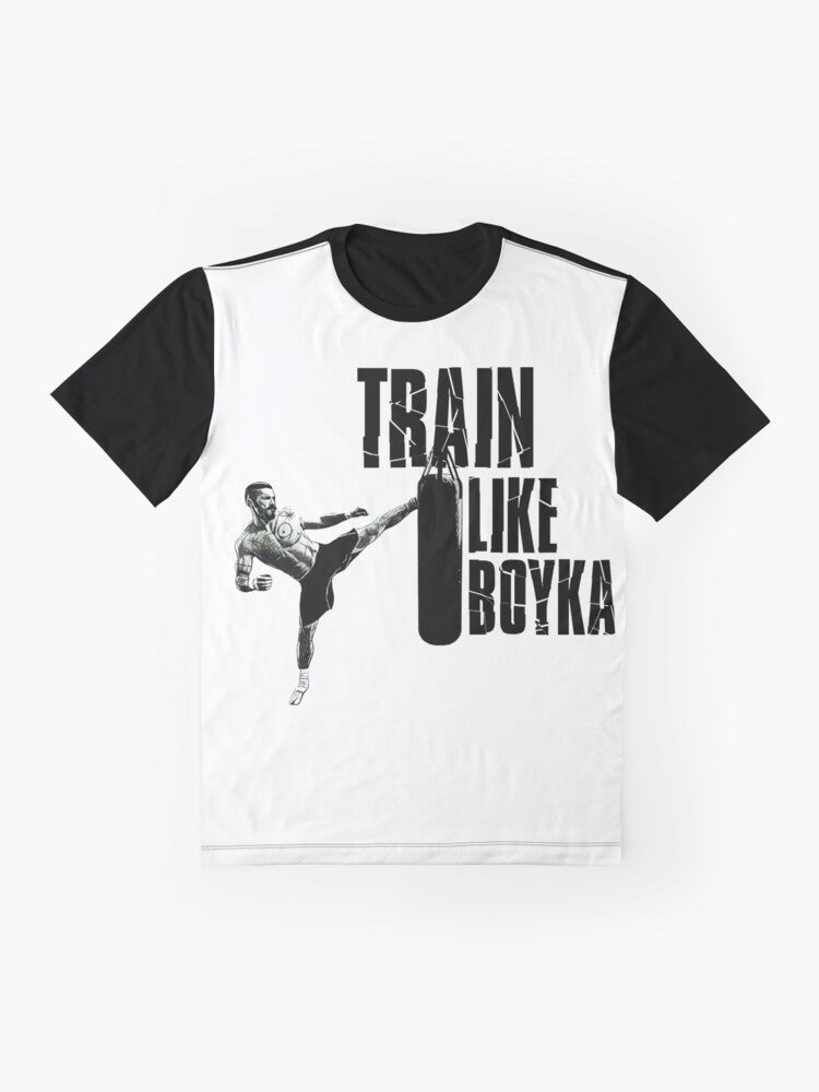 Yuri Boyka inspired graphic t-shirt with text "Train like Boyka" for hardcore training and fitness enthusiasts. - Flat lay