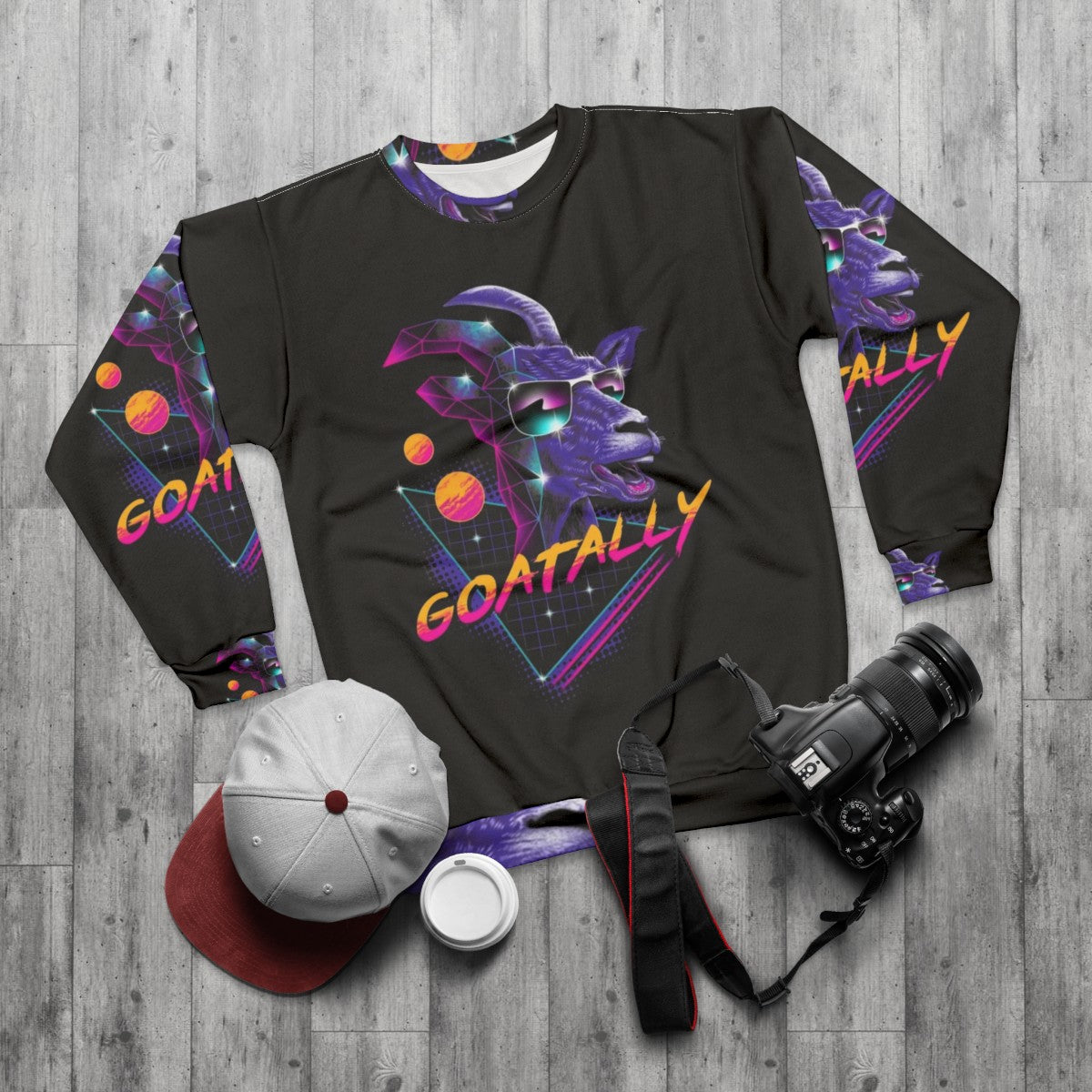 Goatally neon retro synthwave sweatshirt - flat lay