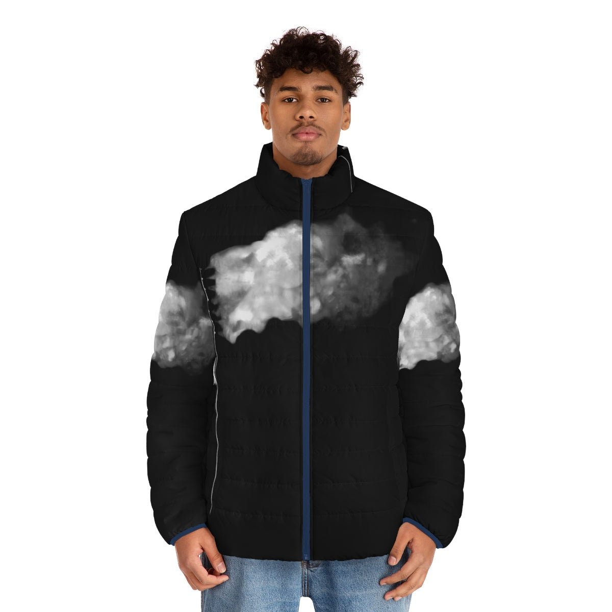 White puffer jacket with burning American flag graphic design - men front