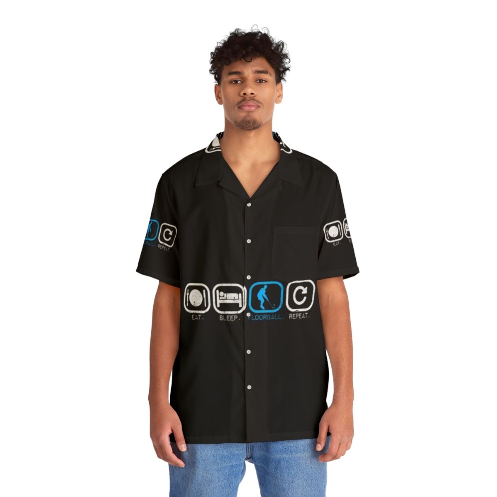 Floorball Hawaiian Shirt with Eat Sleep Unihockey Repeat Design - People Front