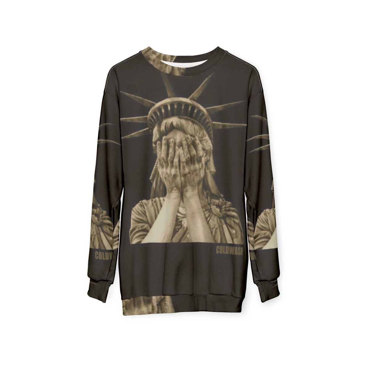 Woman wearing a Lady Liberty graphic sweatshirt - hanging