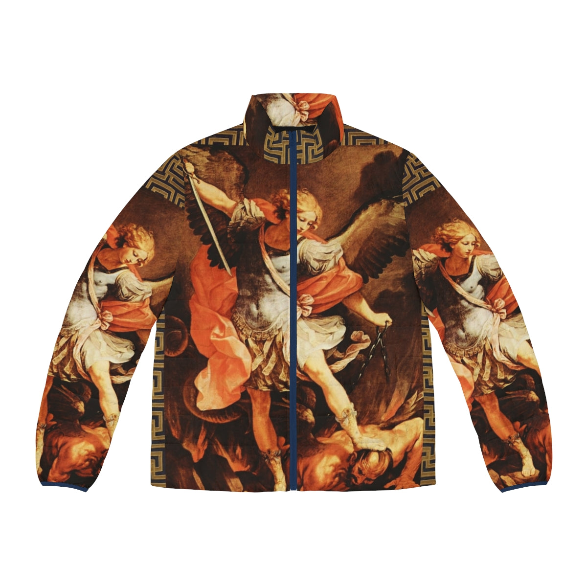 Puffer jacket featuring an image of Archangel Michael, the patron saint of protection against evil