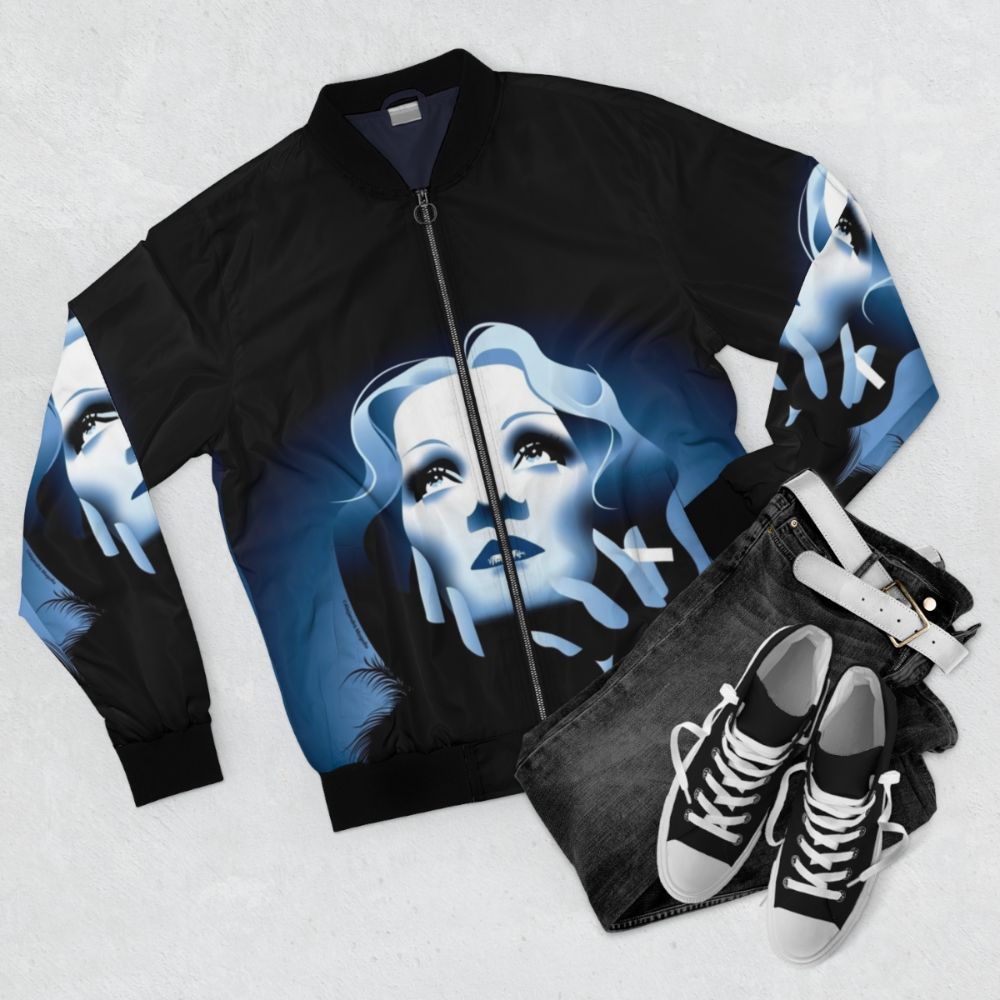 Stylish blue bomber jacket designed by Alejandro Mogollo - Flat lay