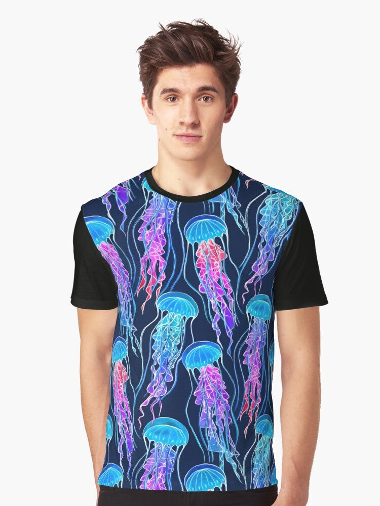 Glowing, bioluminescent jellyfish in a colorful, ombre pattern on a navy blue background - Men