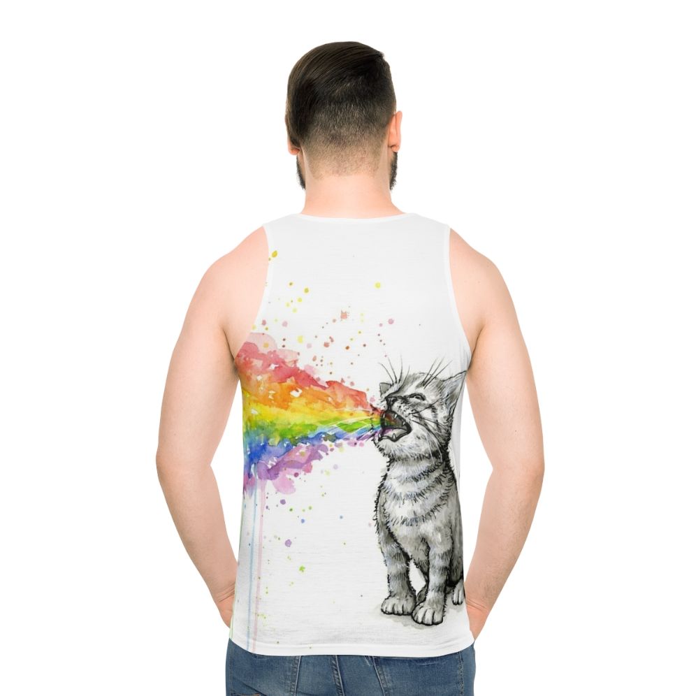 Kitten puking rainbow design on unisex tank top - men back