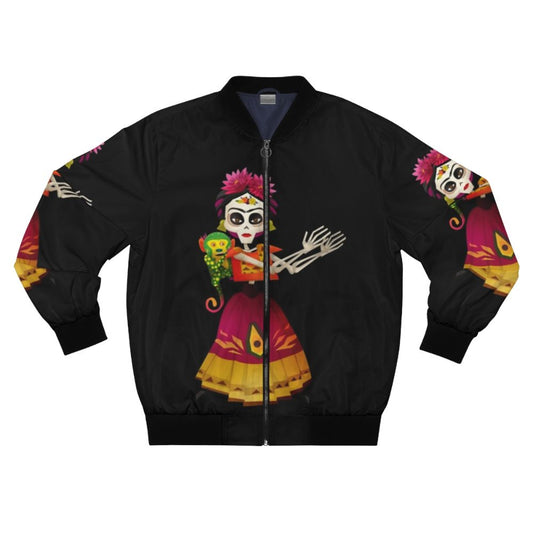 Frida Kahlo inspired bomber jacket with Day of the Dead, "Remember Me" movie, and Mexican cultural elements.