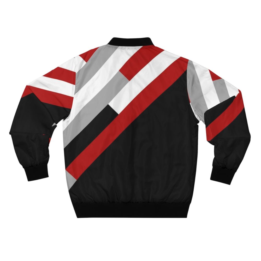 A minimalist bomber jacket with a diagonal stripes pattern in grey, red, and white colors. - Back