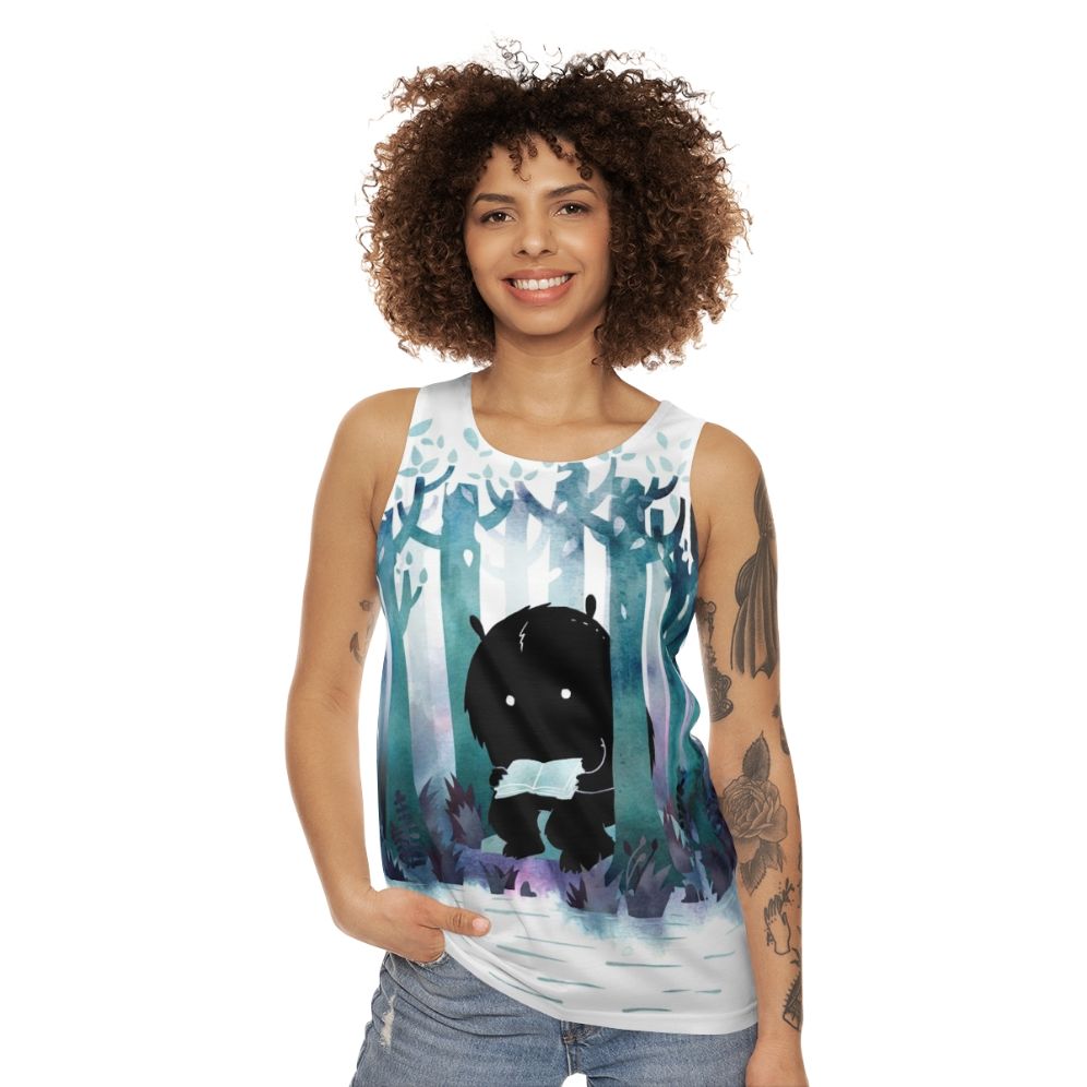 Watercolor unisex tank top with nature and book theme - women