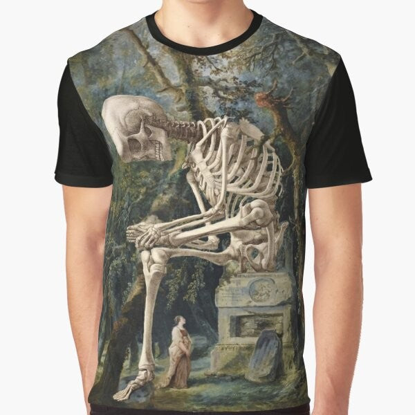 Surreal portrait graphic t-shirt design featuring a surreal, pop surrealist illustration with a skull or skeleton motif.