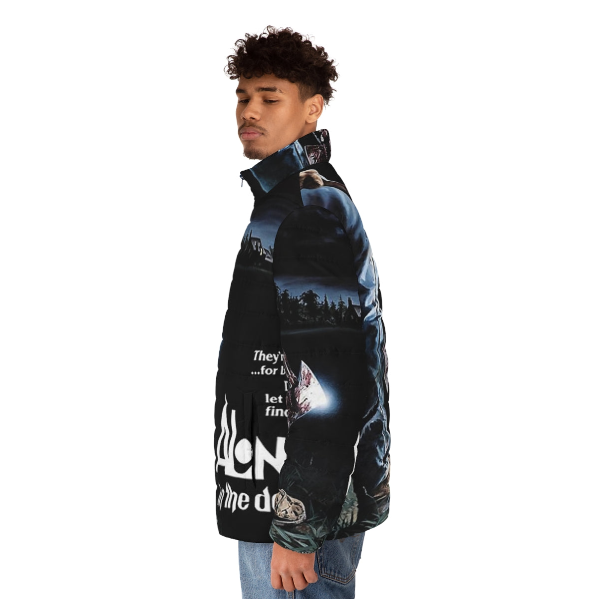 Horror themed puffer jacket featuring Alone In The Dark movie graphics - men side left