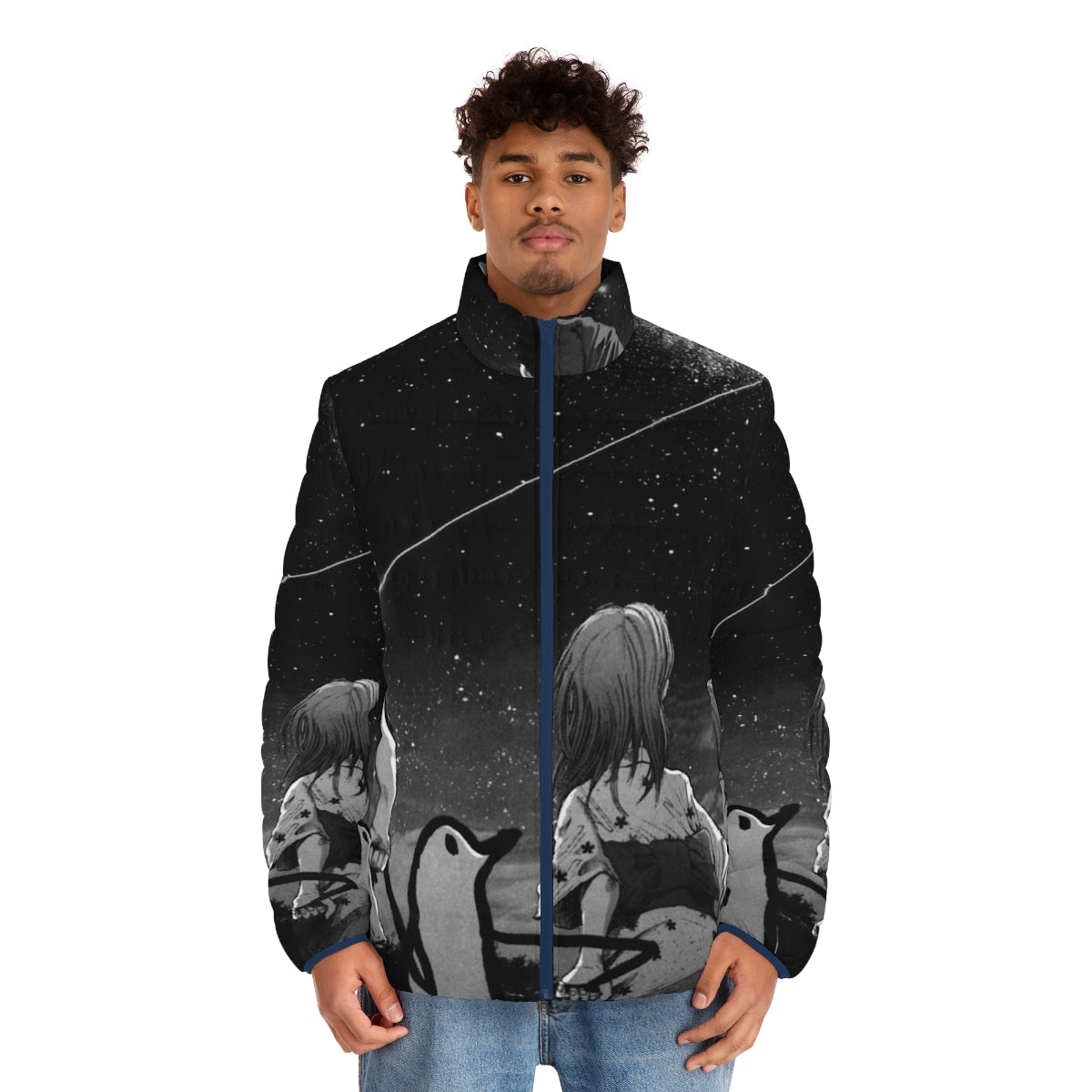 Oyasumi Punpun Milky Way Puffer Jacket featuring the iconic Punpun character from the popular manga series - men front