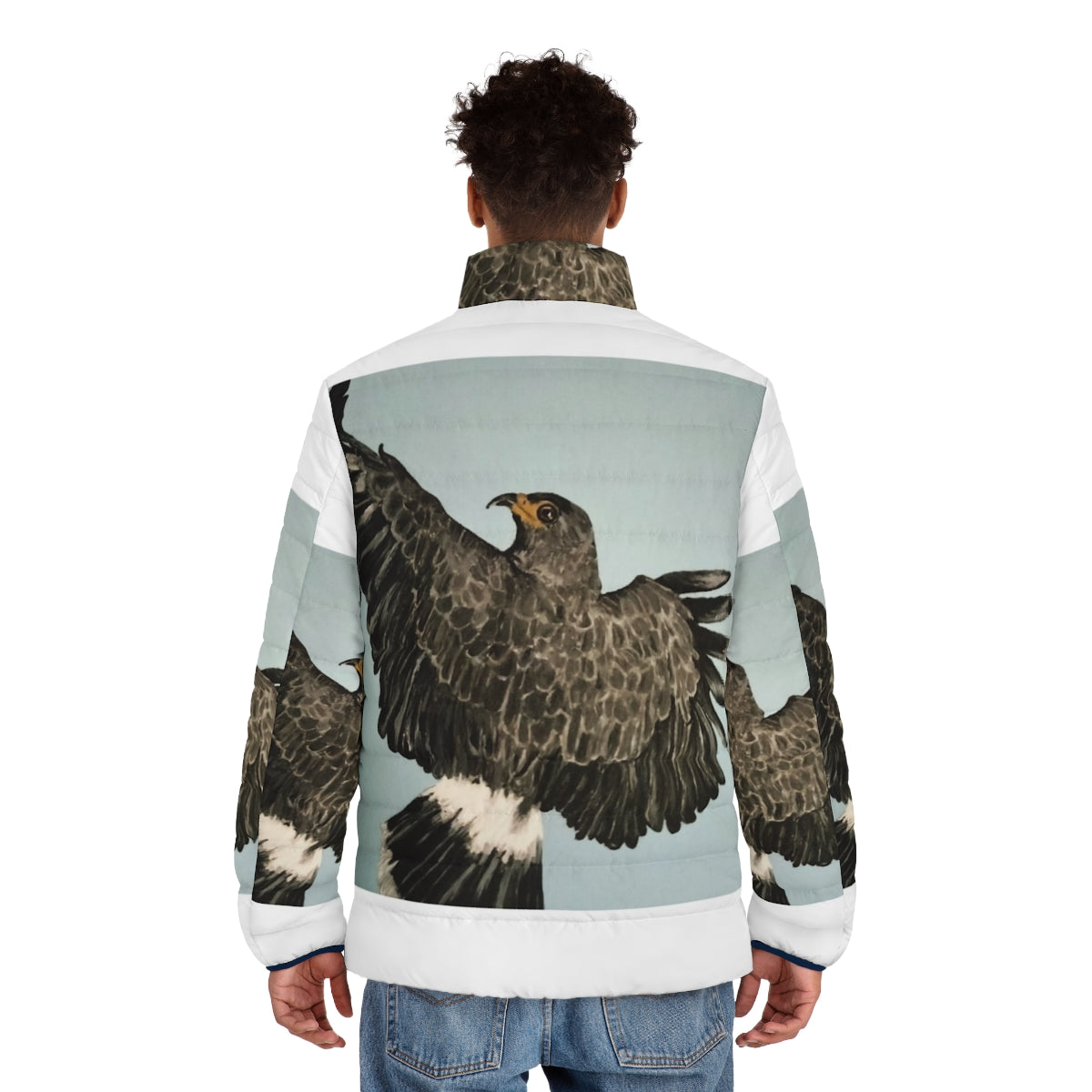 A stylish puffer jacket featuring a hawk or bird of prey design, perfect for outdoor enthusiasts and nature lovers. - men back