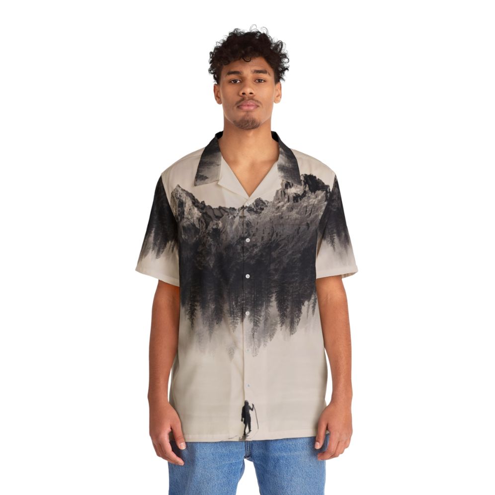 Adventure-Inspired Hawaiian Shirt with Double Exposure Mountain Landscape - Lifestyle