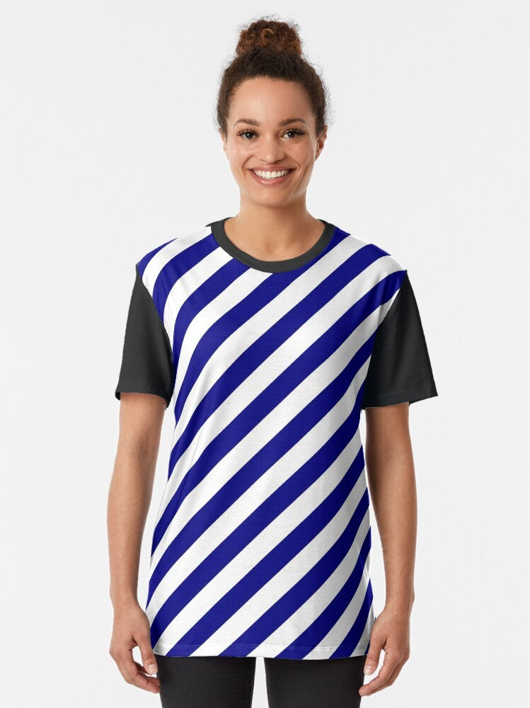 Blue and white diagonal stripes pattern on a graphic t-shirt - Women