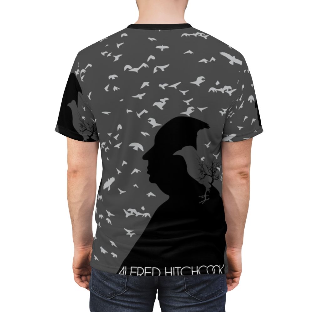 Vintage-style t-shirt design featuring Alfred Hitchcock's classic film "The Birds" - men back