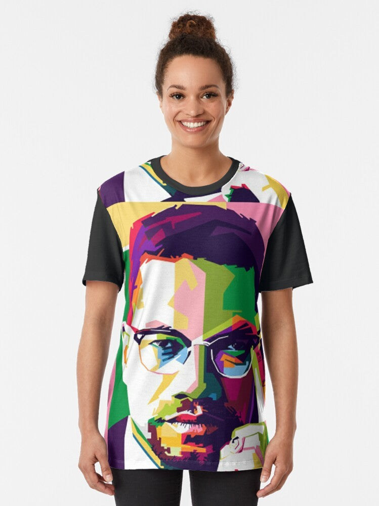 Graphic t-shirt featuring an image of Malcolm X, a prominent African American civil rights activist. - Women