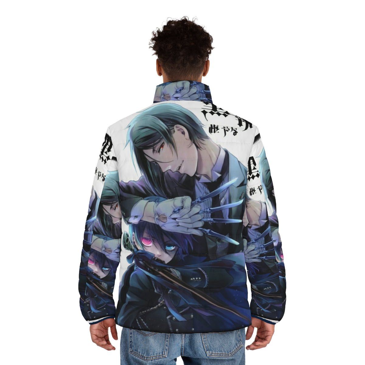 Black Butler anime-inspired puffer jacket with cozy winter design - men back