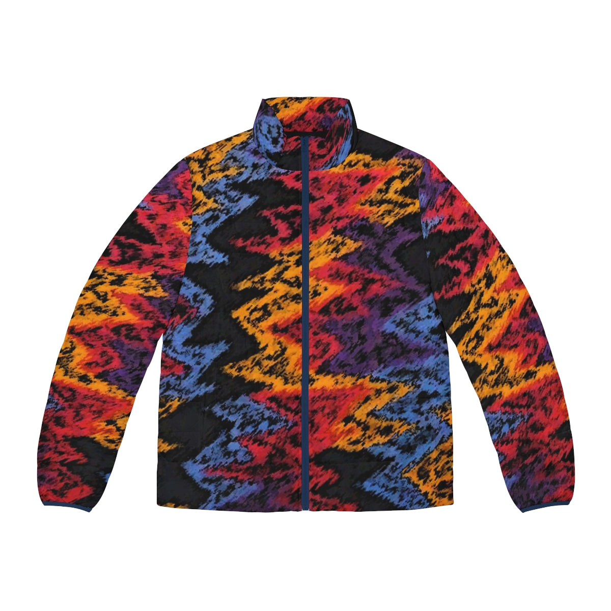 Retro-styled puffer jacket with basketball-inspired graphic pattern