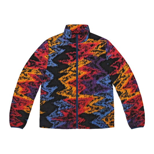 Retro-styled puffer jacket with basketball-inspired graphic pattern