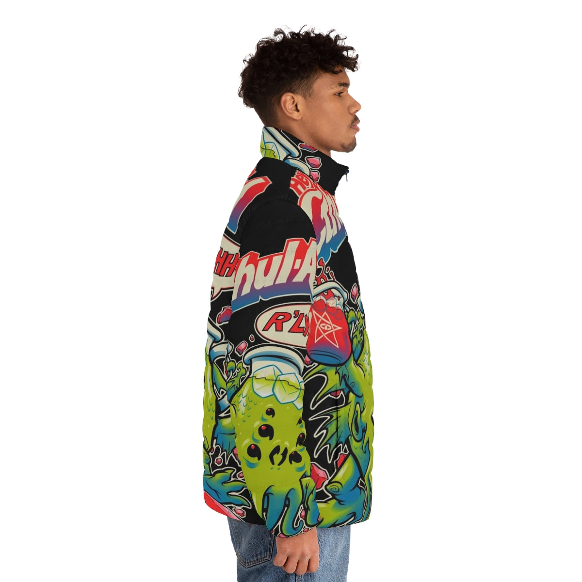 Cthulhu-inspired puffer jacket with elder god and Kool-Aid design - men side right