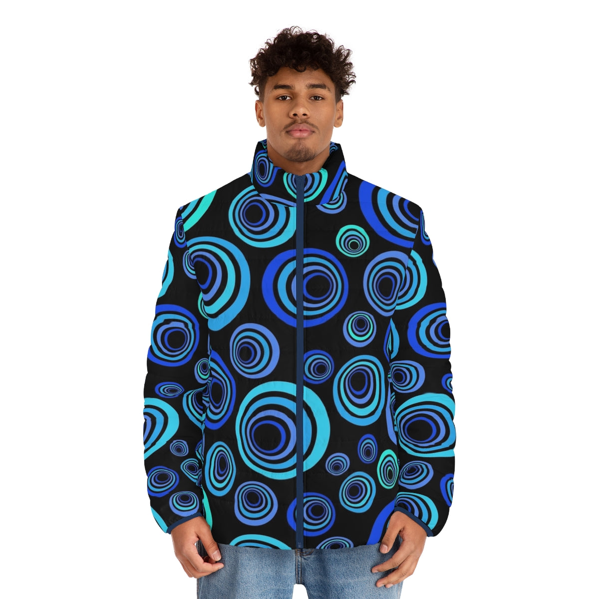 Retro blue abstract puffer jacket - men front