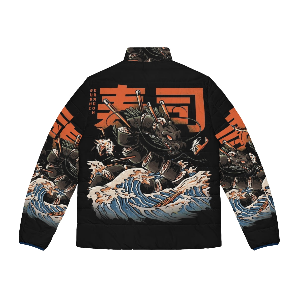 Black puffer jacket with sushi dragon graphic design - Back