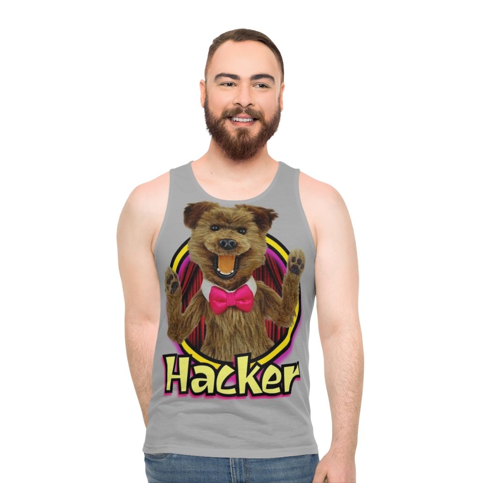 Unisex hacker t-shirt from Hacker Time featuring colorful retro puppet design - men