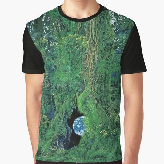 Hiroo Isono's nature art graphic t-shirt featuring colorful watercolor paintings of wildlife and forest scenes