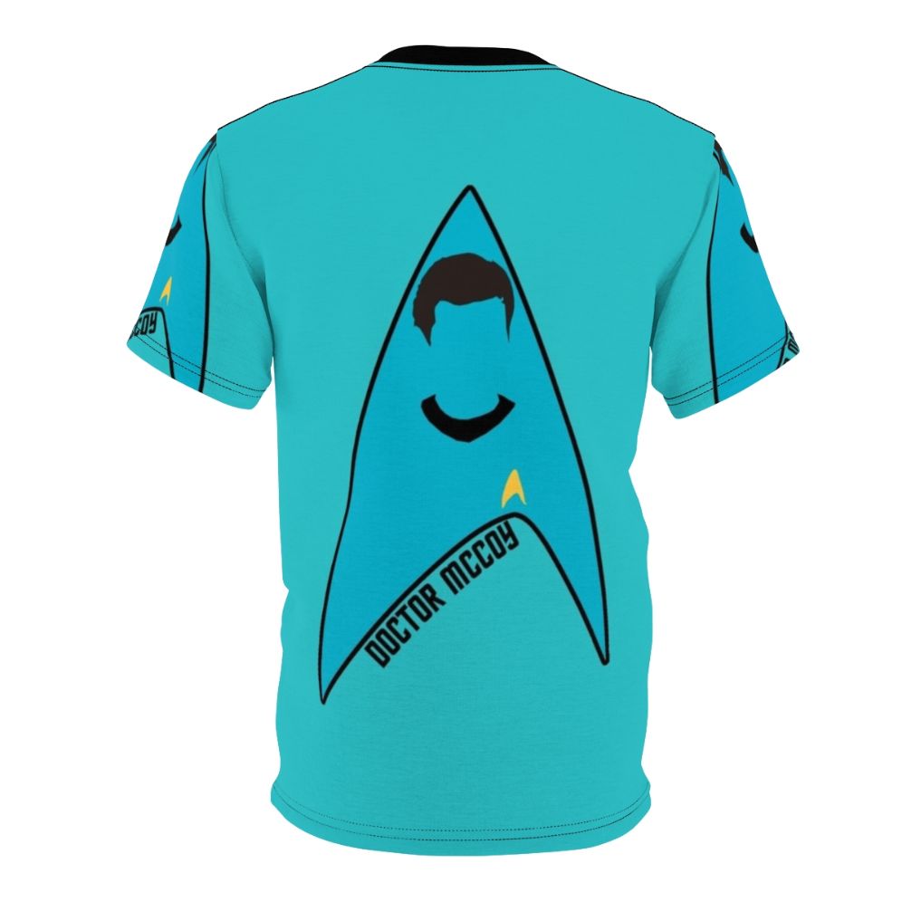 Vintage-style AOP T-shirt featuring Dr. Leonard McCoy from the original Star Trek series - Back