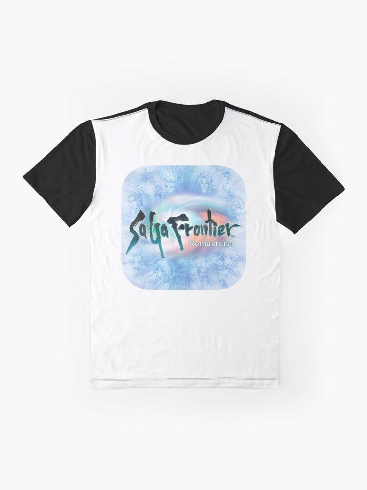 Saga Frontier graphic t-shirt featuring the iconic Saga Frontier logo and characters - Flat lay