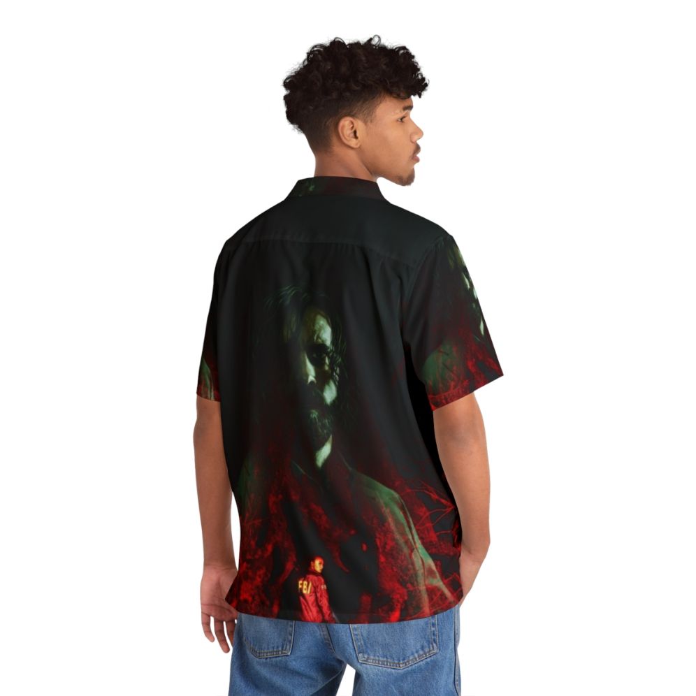 Alan Wake 2 inspired Hawaiian-style shirt with tropical artwork - Flat lay