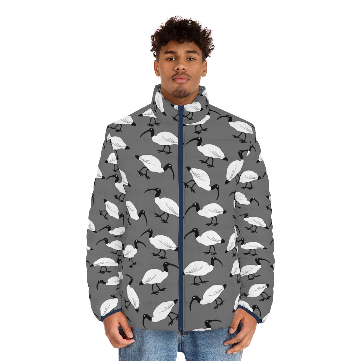 Puffer jacket with a pattern of bin chickens, a common Australian scavenger bird - men front