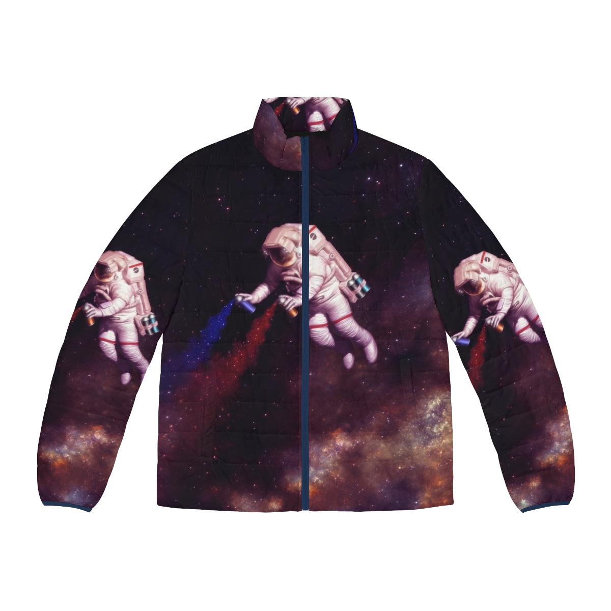 Colorful puffer jacket featuring an astronaut artist design with shooting stars, galaxies, and space elements