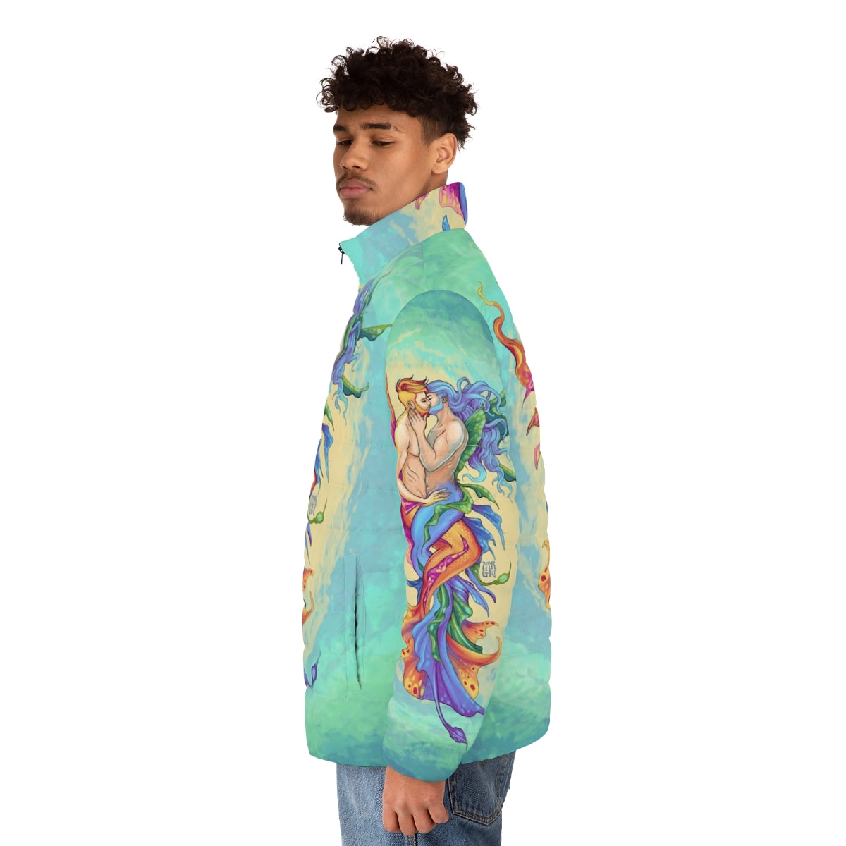 A puffer jacket featuring a romantic underwater kiss between two men, inspired by fantasy and LGBTQ+ pride - men side left