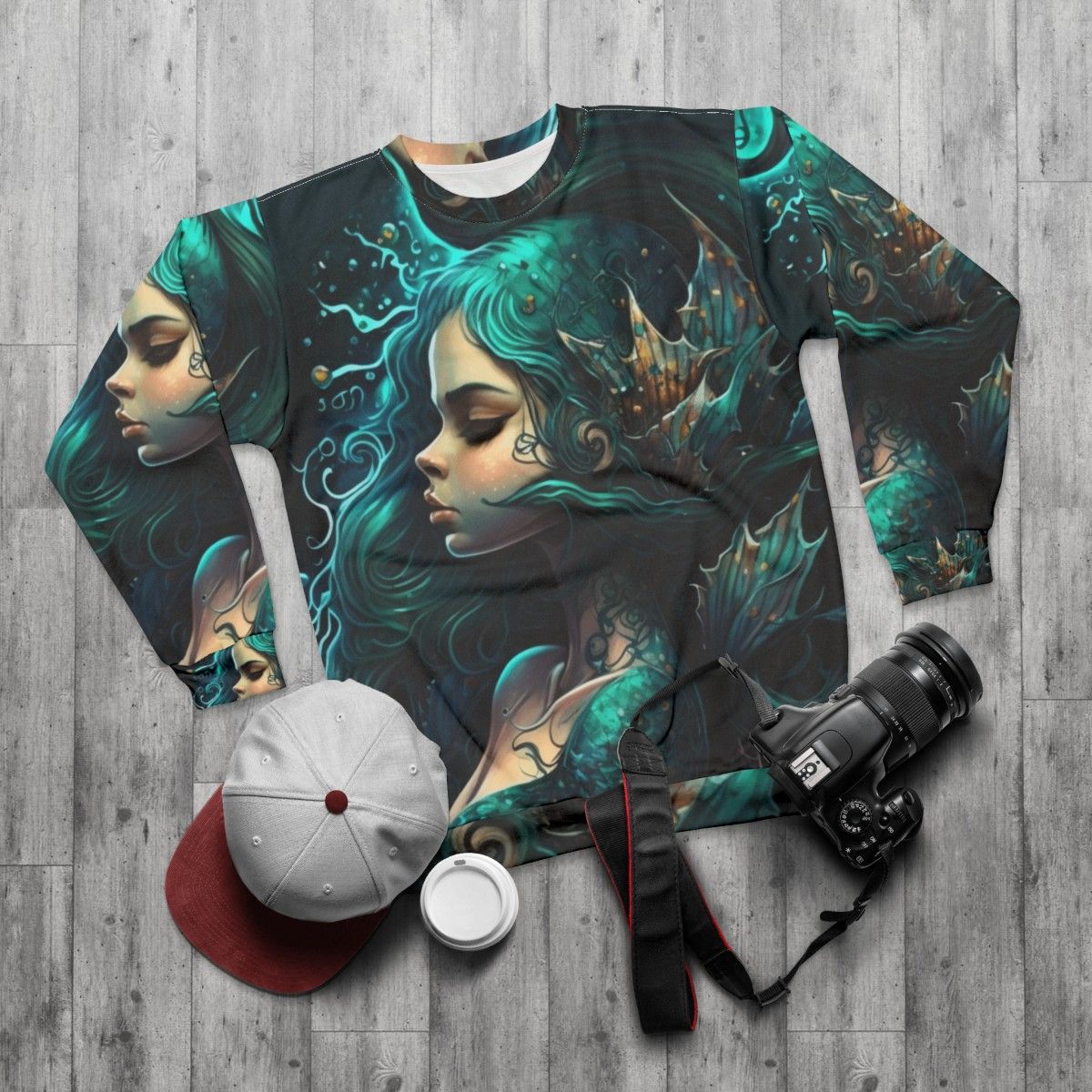 Mythical sea creatures sweatshirt featuring fantastical and whimsical beasts - flat lay