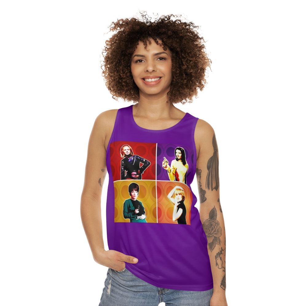 Unisex tank top featuring pop art designs of classic TV heroines - women