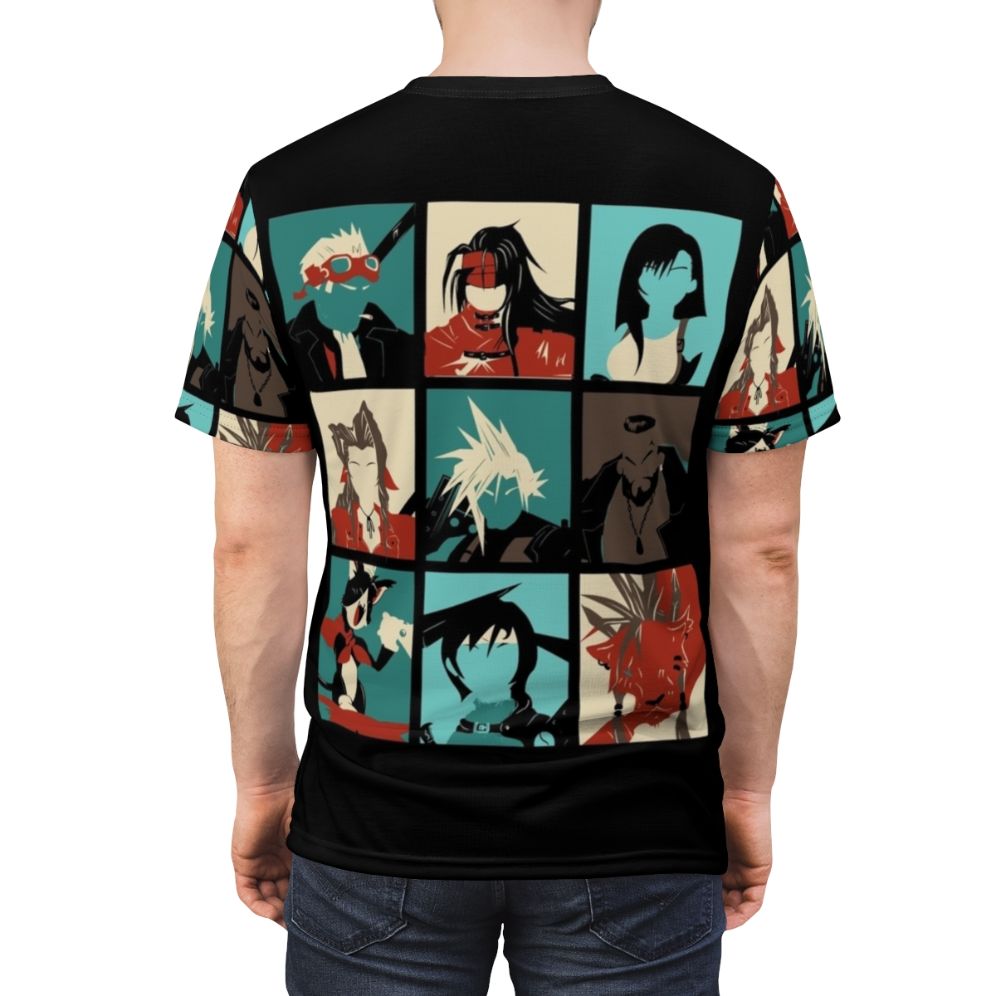 Vibrant fantasy art design featuring characters from the iconic Final Fantasy 7 game on a high-quality T-shirt. - men back