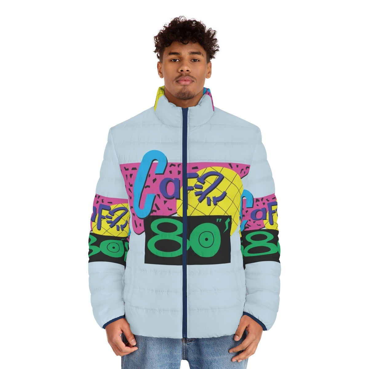 Back to the Future inspired Cafe 80s puffer jacket with retro 80s logo - men front