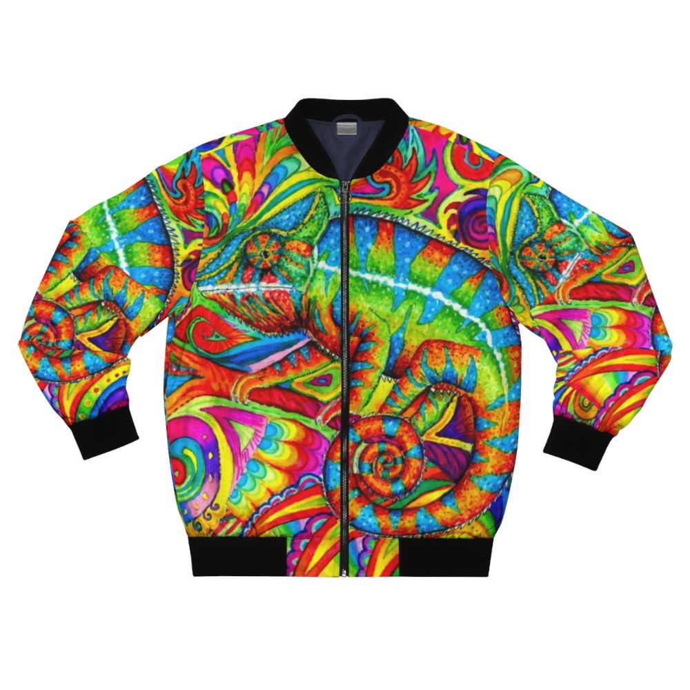 A vibrant and colorful bomber jacket featuring a psychedelic chameleon design.