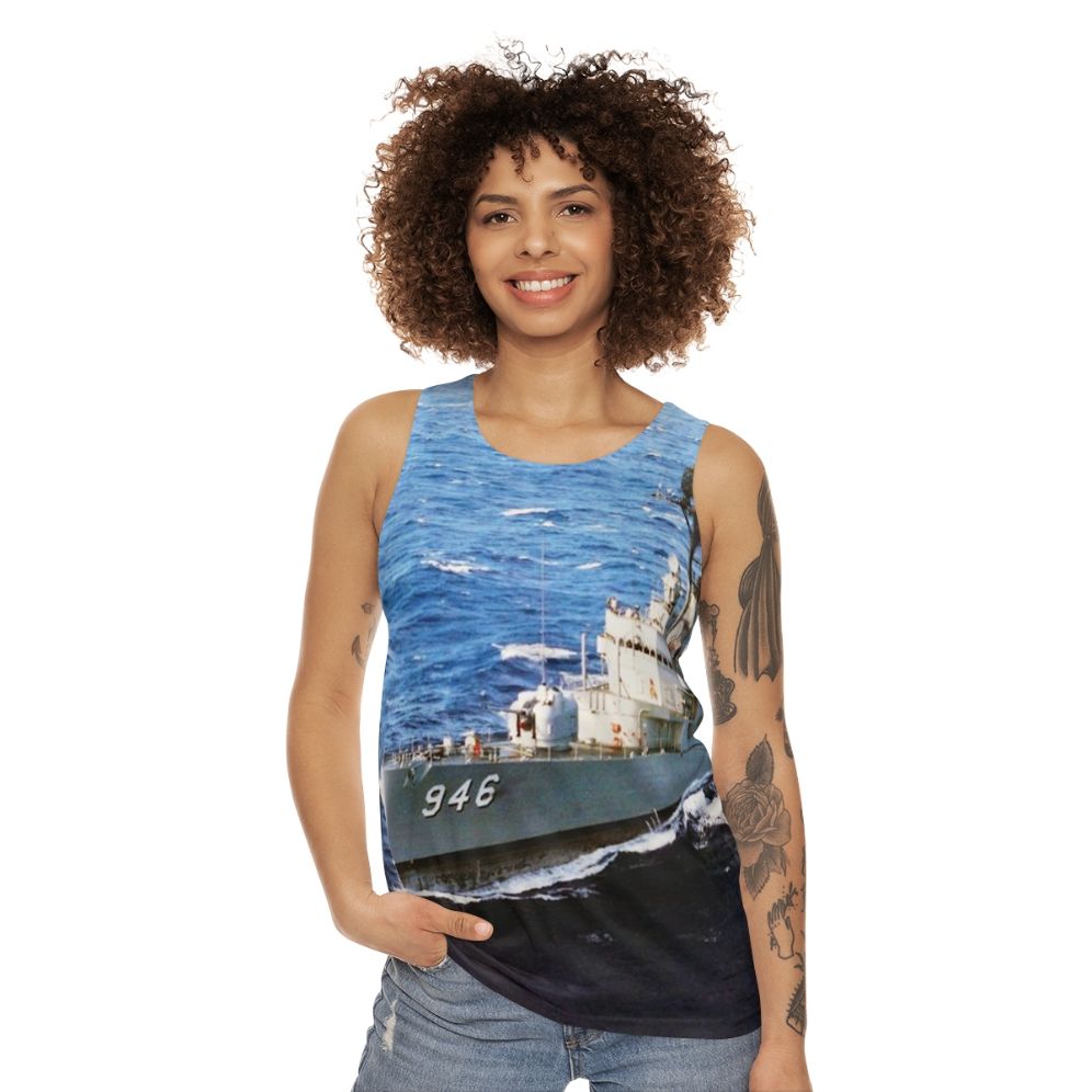 Unisex Navy Tank Top with USS Edson DD 946 Design - women