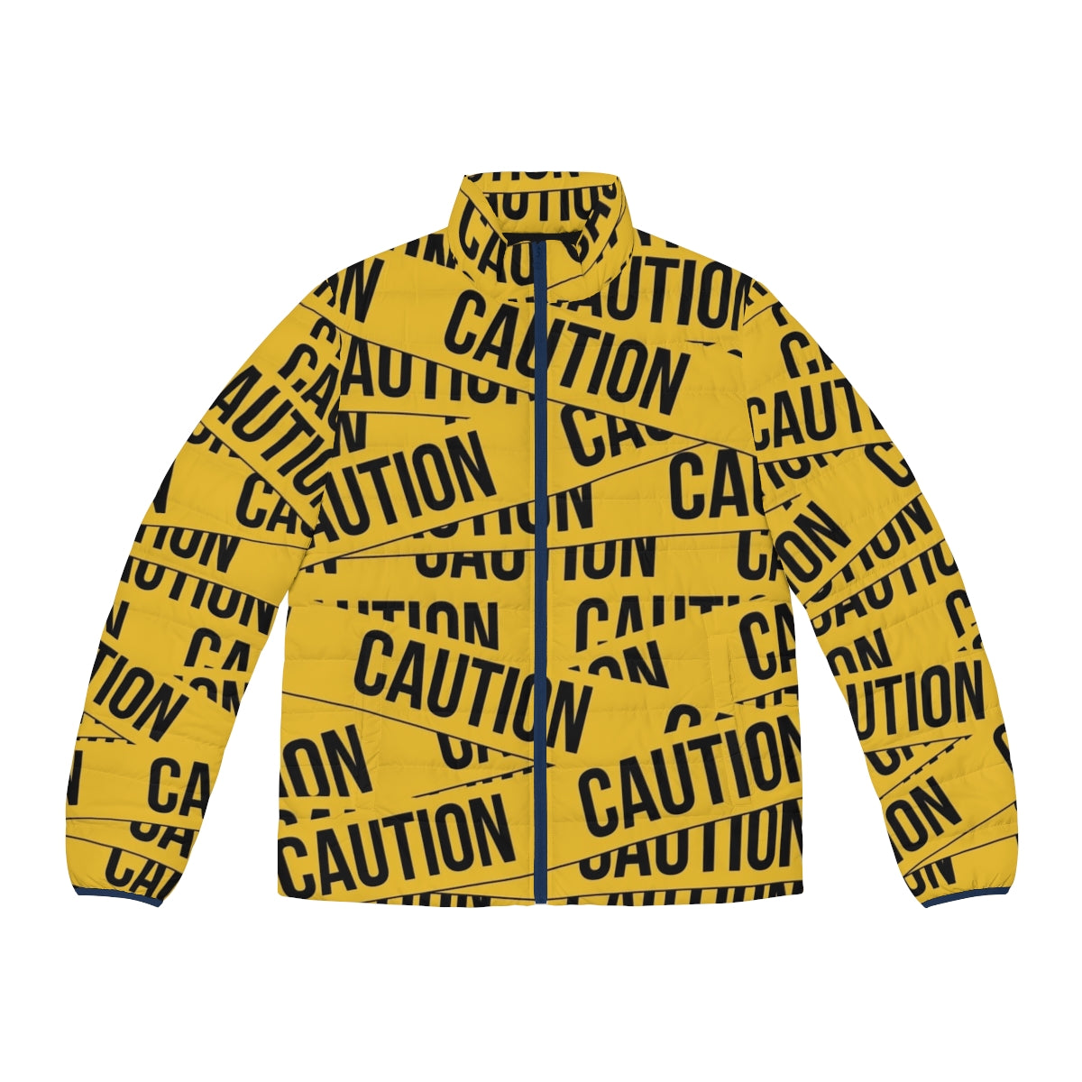 High ground caution puffer jacket with stick figure and star wars prequel meme inspired design