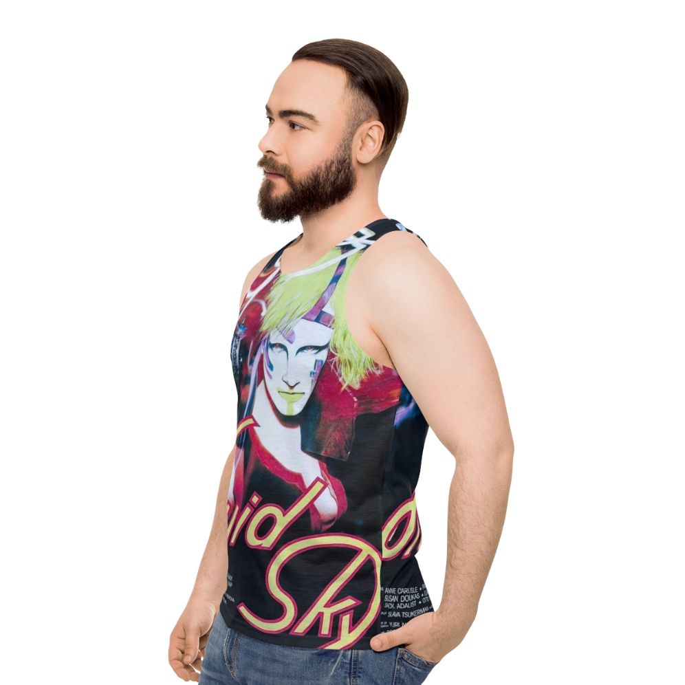 Retro unisex tank top featuring surreal art inspired by the 80s cult classic film "Liquid Sky" - men side