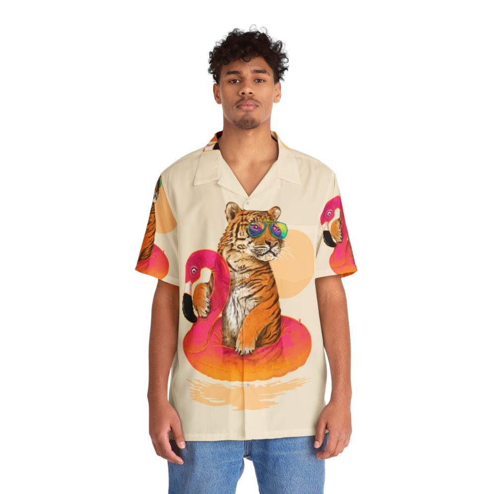 Stylish tropical flamingo tiger Hawaiian shirt - People Front