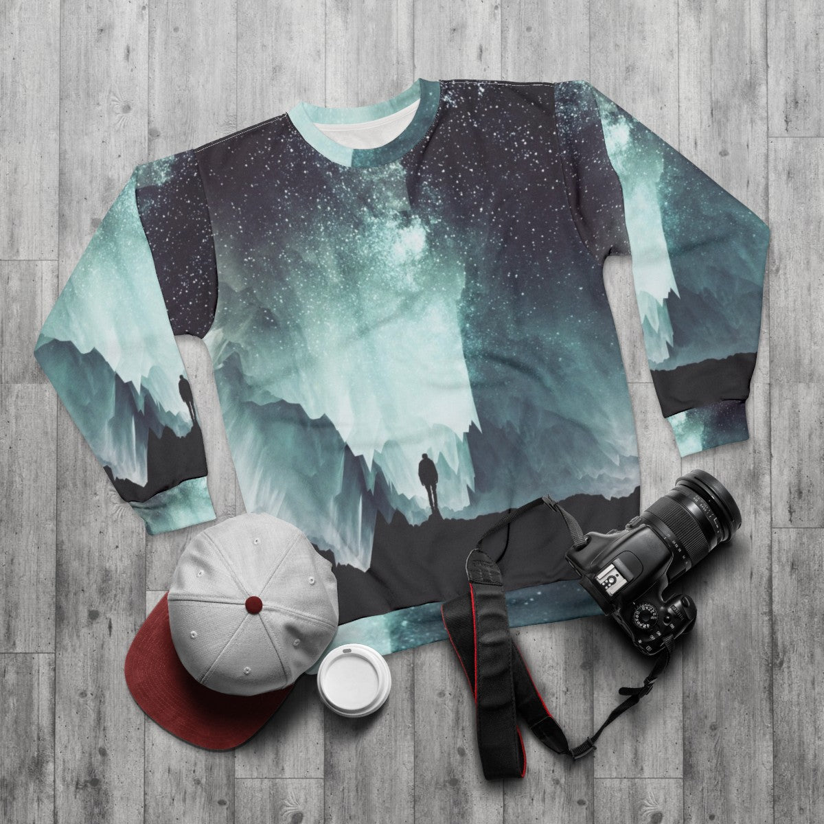 Northern Sweatshirt with Milky Way Galaxy Silhouette - flat lay