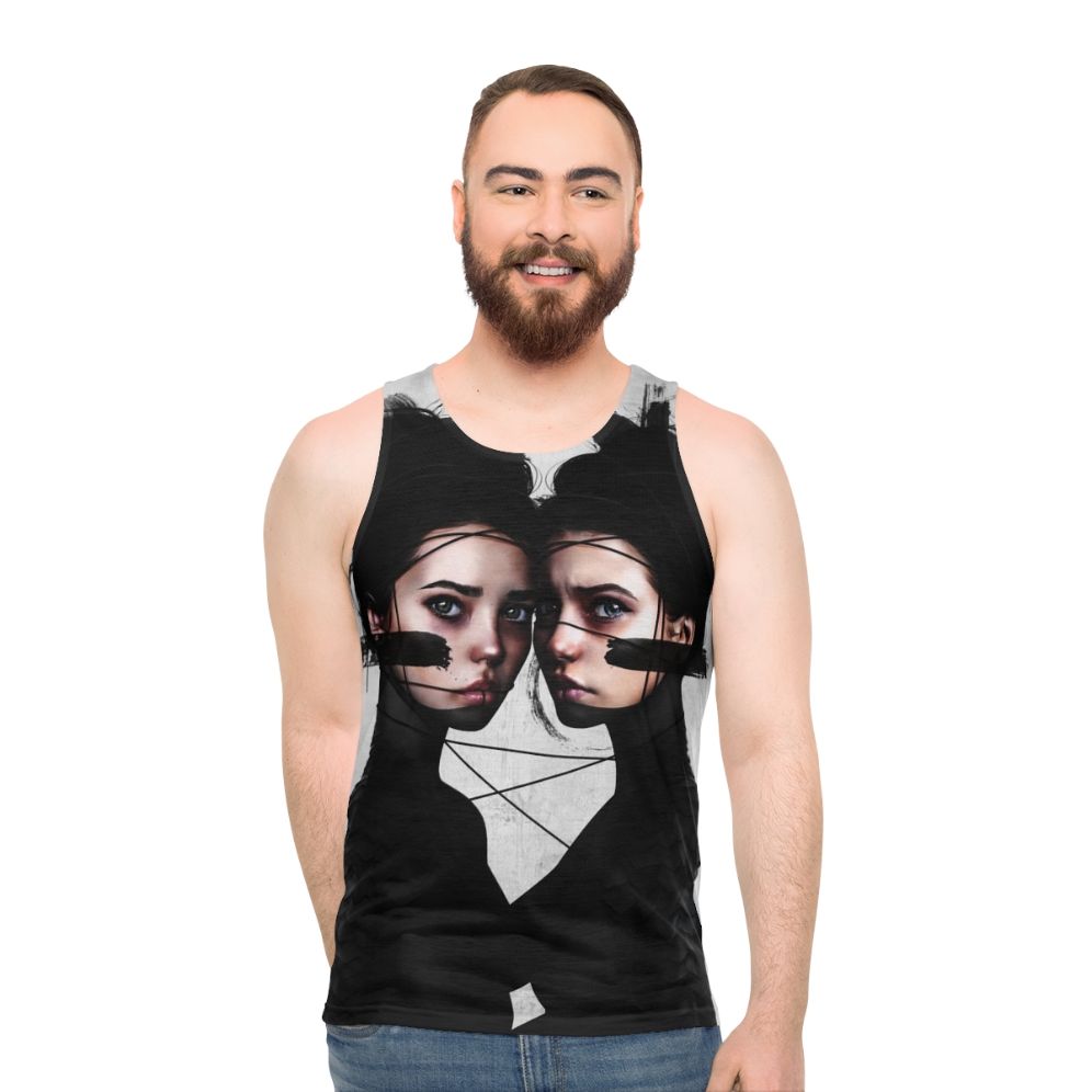 Gemini zodiac unisex tank top featuring surrealistic portrait art - men