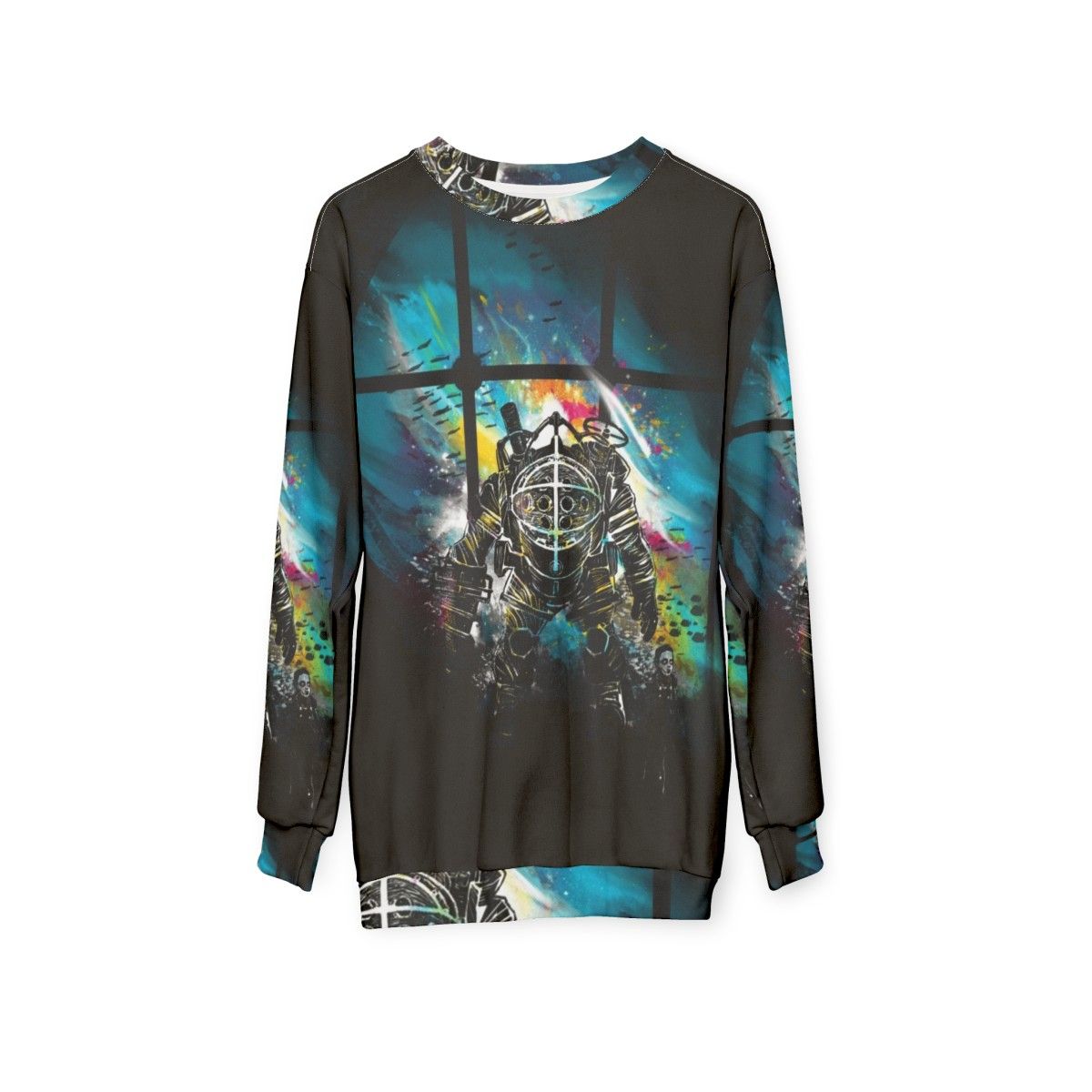 Mr Bubbles Bioshock Sweatshirt featuring a watercolor design of the iconic Big Daddy - hanging