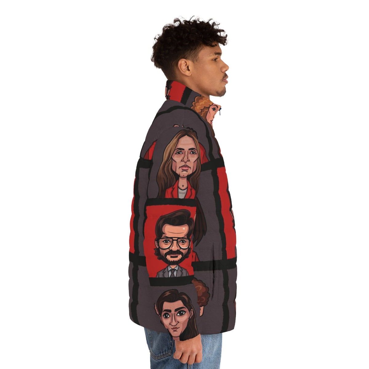 Money Heist Lineup Puffer Jacket featuring the main characters - men side right